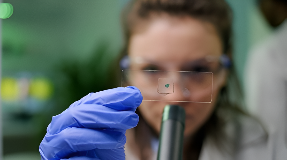 biomédica analisando um material.