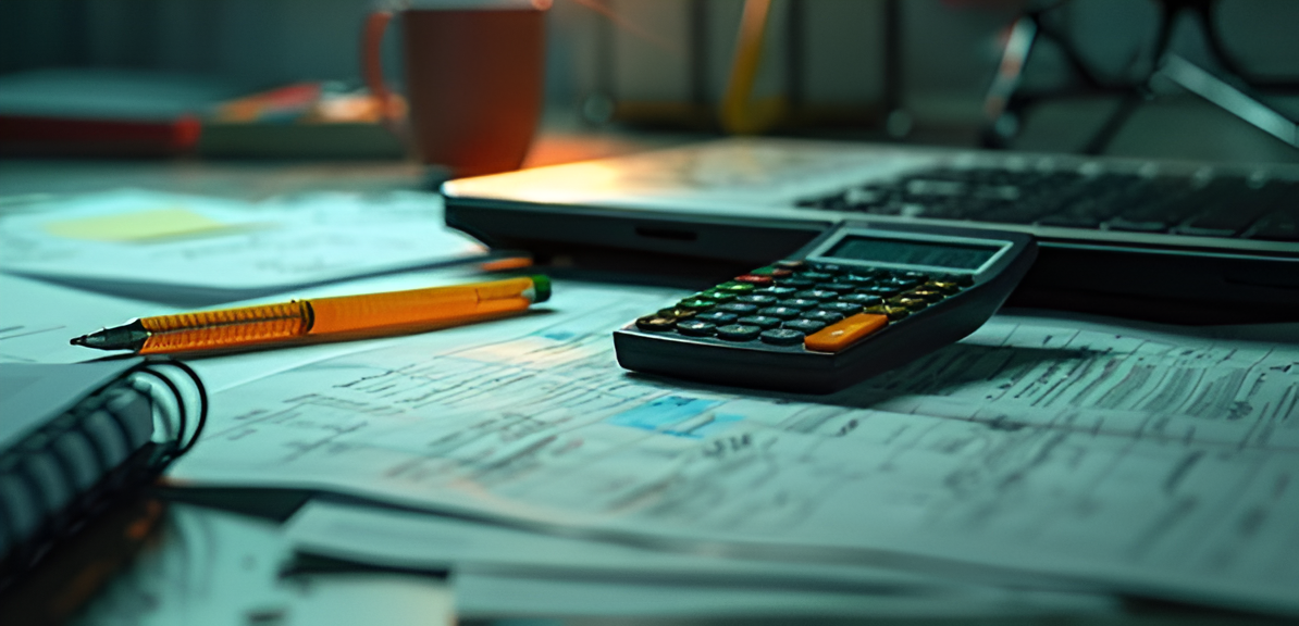 configuração de mesa de escritório com calculadora e teclado.